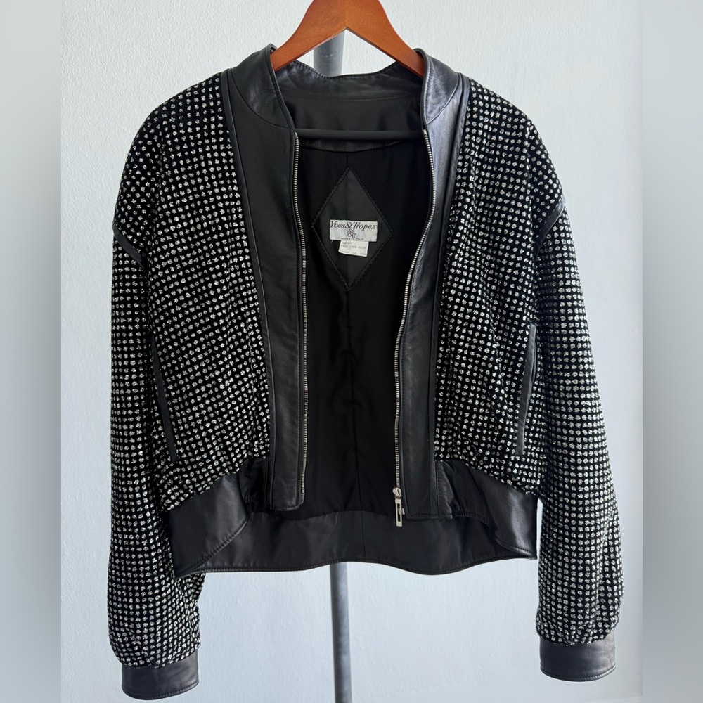 Vintage Yves St Tropez Leather Rhinestone Studded Jacket Made in Italy